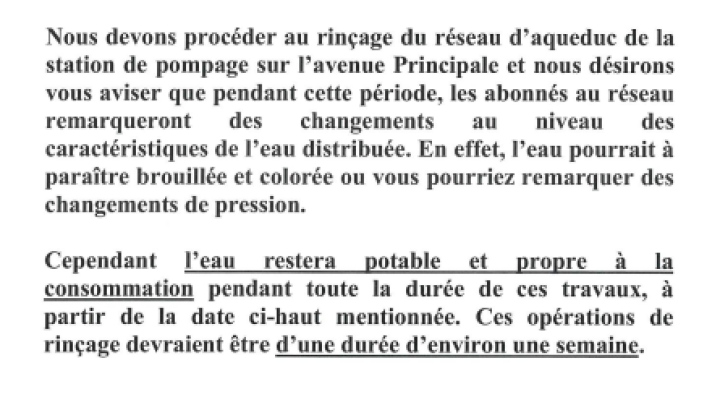 AVIS RINÇAGE DU RÉSEAU D'AQUEDUC