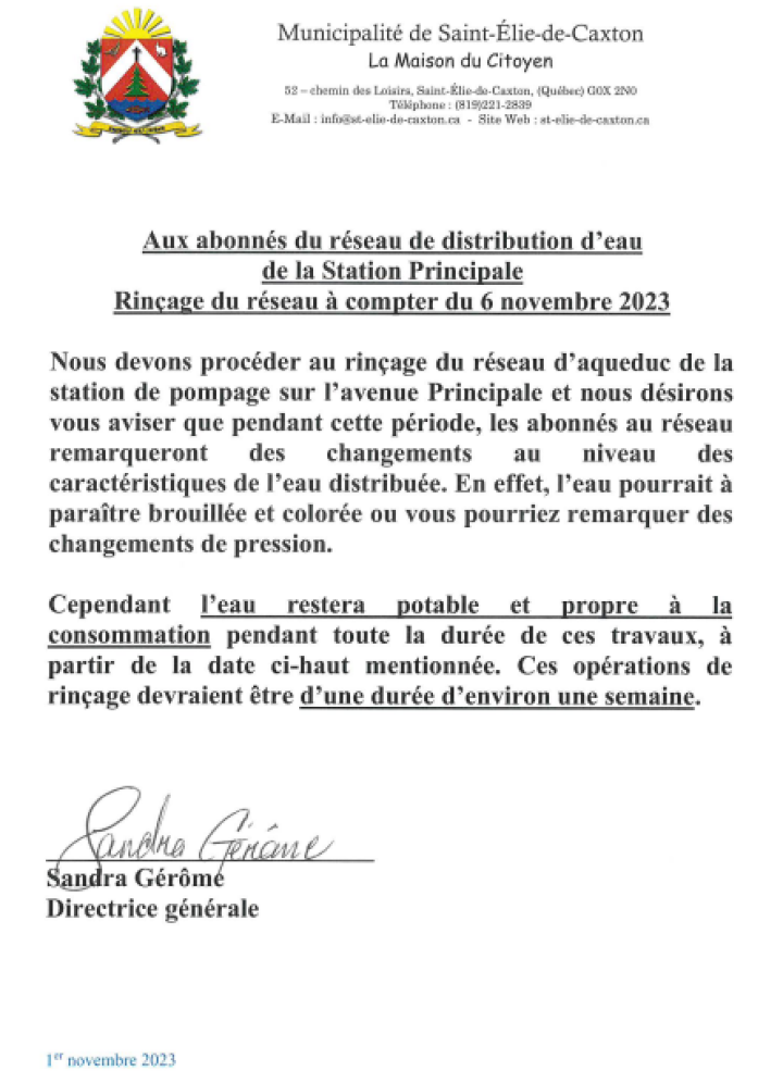 AVIS RINÇAGE DU RÉSEAU D'AQUEDUC