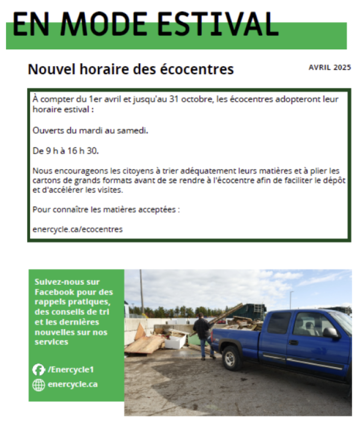 Nouvel horaire des écocentres